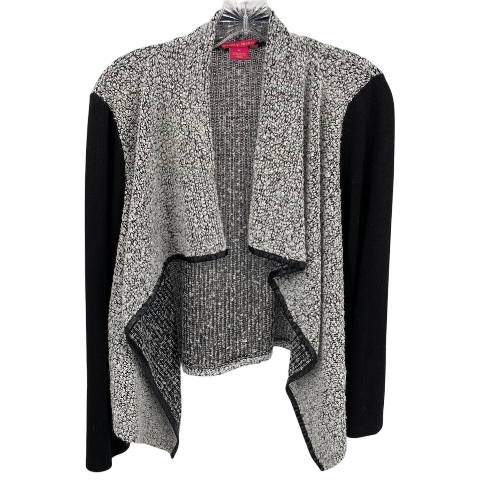 Sunny Leigh Women M Boucle Waterfall Cardigan Black White Mixed Media Pleather
